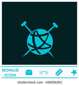 Tailor ravel ball of yarn for knitting icon flat. Blue pictogram on dark background. Vector illustration symbol and bonus icons