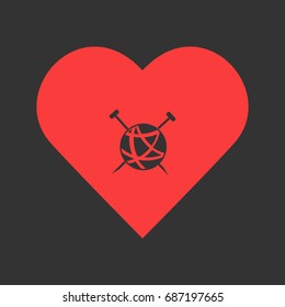 Tailor ravel ball of yarn for knitting icon flat. Simple pictogram on heart background. Vector illustration symbol