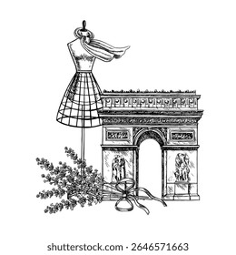 A tailor s dummy with a lavender scarf and the Arc de Triomphe in Paris. Vector graphics, hand-drawn black and white illustrations. This is an element of your design for banners, posters, postcards.