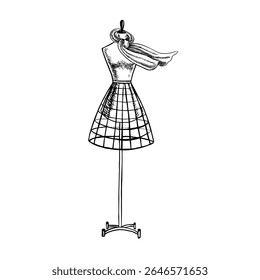 Um alfaiate é um manequim com um cachecol. Gráficos vetoriais, ilustração desenhada à mão em preto e branco. Realce-o em um fundo branco. Este é um elemento do seu design para banners, cartazes, sites.