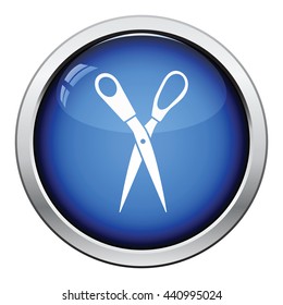 Tailor scissor icon. Glossy button design. Vector illustration.