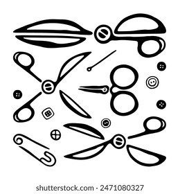 Sastre tijeras, Botones, alfileres y agujas. Juego de sastre Doodle. Iconos en blanco y negro. Colección de logotipo dibujado a mano. Ilustración vectorial
