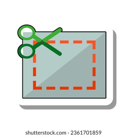 Tailor scissors cutting fabric flat paper sticker icon. Equipment for needlework and tailoring with dotted marking line on material isolated on white background. Craft, hobby, fashion concept
