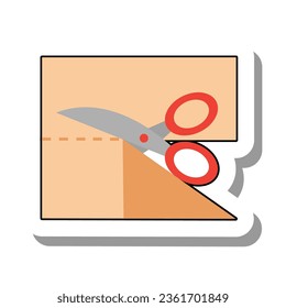 Tailor scissors cutting piece of fabric flat paper sticker icon. Equipment for needlework and tailoring with dotted marking line isolated on white background. Craft, hobby, fashion concept