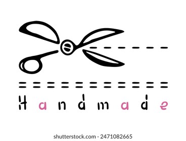 Tailor scissors, handmade lettering and stitches. Tailor tool. Hand drawn vector poster