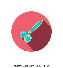 Tailor scissors icon. Hairdressing sign. Grooming symbol. Red flat circle button. Linear icon with shadow. Vector
