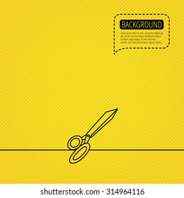 Tailor scissors icon. Hairdressing sign. Grooming symbol. Speech bubble of dotted line. Orange background. Vector