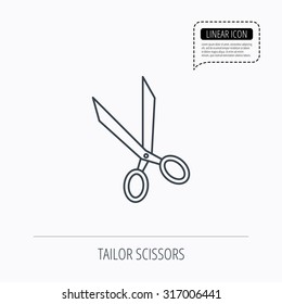 Tailor scissors icon. Hairdressing sign. Grooming symbol. Linear outline icon. Speech bubble of dotted line. Vector