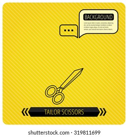 Tailor scissors icon. Hairdressing sign. Grooming symbol. Chat speech bubbles. Orange line background. Vector.