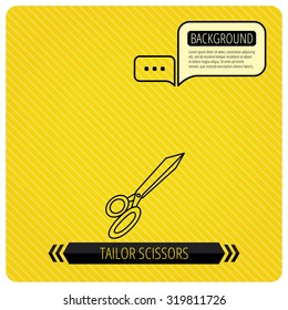 Tailor scissors icon. Hairdressing sign. Grooming symbol. Chat speech bubbles. Orange line background. Vector.
