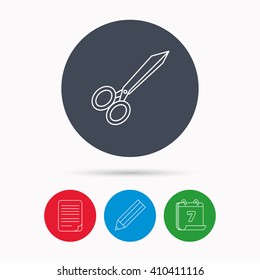 Tailor scissors icon. Hairdressing sign. Grooming symbol. Calendar, pencil or edit and document file signs. Vector