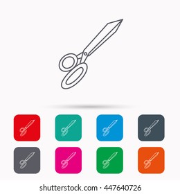 Tailor scissors icon. Hairdressing sign. Grooming symbol. Linear icons in squares on white background. Flat web symbols. Vector