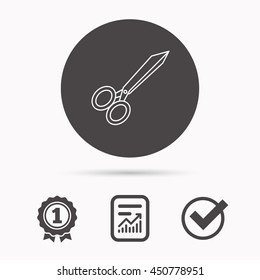 Tailor scissors icon. Hairdressing sign. Grooming symbol. Report document, winner award and tick. Round circle button with icon. Vector
