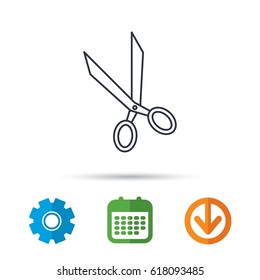 Tailor scissors icon. Hairdressing sign. Grooming symbol. Calendar, cogwheel and download arrow signs. Colored flat web icons. Vector