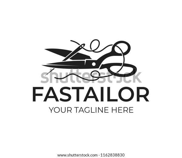 Tailor, scissors and needle with a thread,
logo design. Sewing, needlework, clothing and sphere of services,
vector design and
illustration