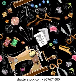 Tailor seamless pattern hand drawn. Tailoring tools seamstress fashion designer needlework sewing machine seamless scissors, thread, haberdashery pattern vector 
