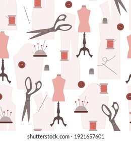 Tailor seamless pattern with templates, scissors, thread and mannequins. Hobby.