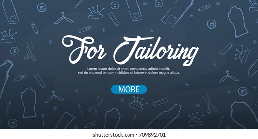 Tailor and seamstress banner. Sewing kit. Needlework, handmade Dressmaking concept