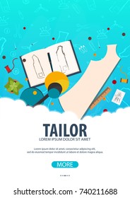 Tailor and seamstress banner. Sewing kit. Needlework, handmade Dressmaking concept
