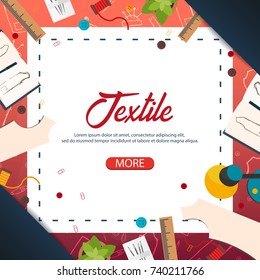 Tailor and seamstress banner. Sewing kit. Needlework, handmade Dressmaking concept