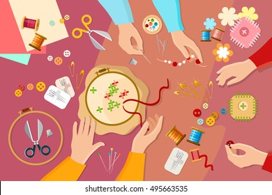 Tailor seamstress learn to sew fashion designer needlework lessons team hands vector illustration 