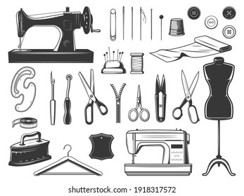 Tailor and seamstress tools, sewing equipment set. Retro and modern sewing machine, tailor and embroidery scissors, thread nipper, pinking shears and tracing wheel, needles and pins, dress form vector