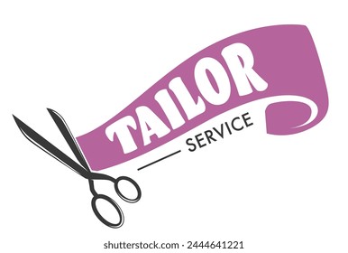 Tailor service logo with scissors and thimble, vector illustration, black and blue design.