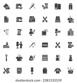 Tailor service vector icons set, modern solid symbol collection, filled style pictogram pack. Signs, logo illustration. Set includes icons as sewing, needlework, embroidery, tailors dummy, fabric