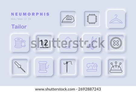 Tailor set icon. Displays iron, scissors, hanger, mannequin, needle, pin, thread, thimble, fabric, sewing machine, spool, patch, button, number badge