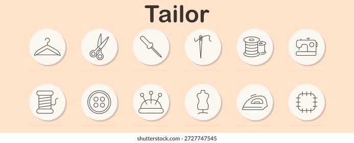 Ícone de conjunto personalizado. Cabide, tesoura, ripador de costura, agulha, carretel de linha, máquina de costura, carretel de fio, botão, almofada, manequim, ferro, tecido patch desenhado simplesmente.