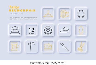 Tailor set icon. Line icons display hanger, mannequin, sewing machine, needle, button, thread, scissors, thimble, iron, spool, patch, seam ripper, and pin cushion.
