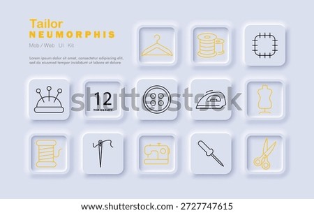 Tailor set icon. Line icons display hanger, mannequin, sewing machine, needle, button, thread, scissors, thimble, iron, spool, patch, seam ripper, and pin cushion.