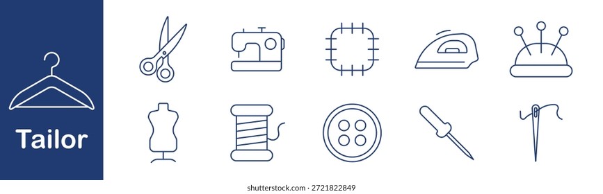 Tailor set icon. Scissors, machine, thread, fabric, iron, mannequin, button, needle, thimble, pins. Fashion, handmade, textile, design, clothing, tool.