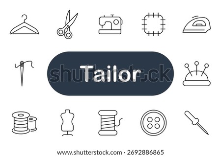 Tailor set icon. Sewing machine, needle, thread, scissors, hanger, iron, patch, mannequin, spool, thimble, button, pin cushion, textile, design, craft, stitch, fashion, work, tool, clothing