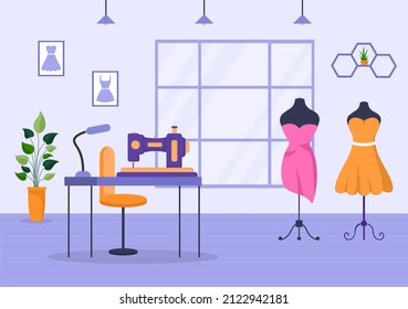 Schneider mit Nähen, Tuch, Pinsel, Threads, Modedesigner, Seamstress, Scheren und Messen zum Herstellen von Kleidung auf flachem Hintergrund Illustration