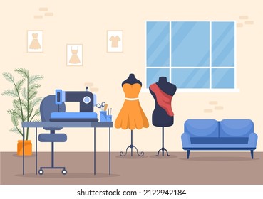 Schneider mit Nähen, Tuch, Pinsel, Threads, Modedesigner, Seamstress, Scheren und Messen zum Herstellen von Kleidung auf flachem Hintergrund Illustration