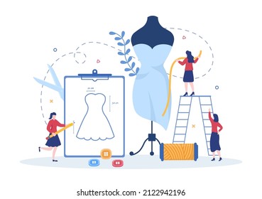 Tailor with Sewing, Cloth, Pincushion, Threads, Fashion Designer, Seamstress, Scissors and Measuring to Make Clothes in Flat Background Illustration