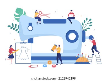 Tailor with Sewing, Cloth, Pincushion, Threads, Fashion Designer, Seamstress, Scissors and Measuring to Make Clothes in Flat Background Illustration
