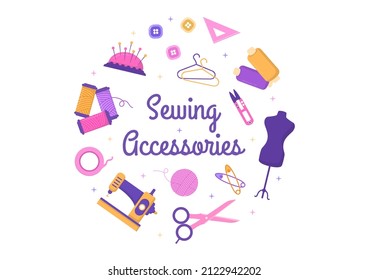 Tailor with Sewing, Cloth, Pincushion, Threads, Fashion Designer, Seamstress, Scissors and Measuring to Make Clothes in Flat Background Illustration