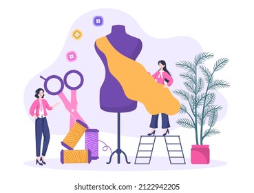 Tailor with Sewing, Cloth, Pincushion, Threads, Fashion Designer, Seamstress, Scissors and Measuring to Make Clothes in Flat Background Illustration