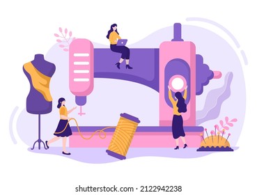 Tailor with Sewing, Cloth, Pincushion, Threads, Fashion Designer, Seamstress, Scissors and Measuring to Make Clothes in Flat Background Illustration