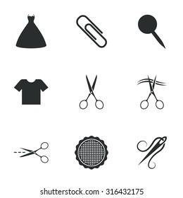 Tailor, sewing and embroidery icons. Scissors, safety pin and needle signs. Shirt and dress symbols. Flat icons on white. Vector