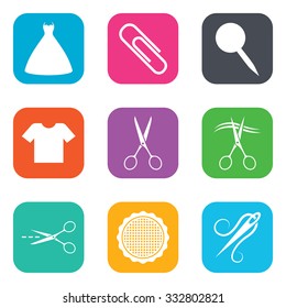 Tailor, sewing and embroidery icons. Scissors, safety pin and needle signs. Shirt and dress symbols. Flat square buttons. Vector