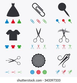 Tailor, sewing and embroidery icons. Scissors, safety pin and needle signs. Shirt and dress symbols. Flat black, red, blue and green icons.