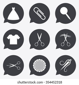 Tailor, sewing and embroidery icons. Scissors, safety pin and needle signs. Shirt and dress symbols. Flat icons in speech bubble pointers.