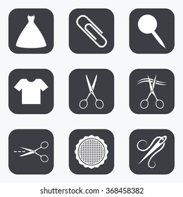 Tailor, sewing and embroidery icons. Scissors, safety pin and needle signs. Shirt and dress symbols. Flat square buttons with rounded corners.