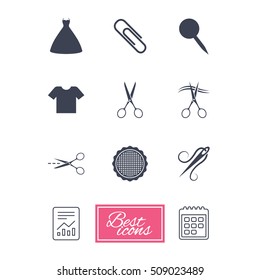 Tailor, sewing and embroidery icons. Scissors, safety pin and needle signs. Shirt and dress symbols. Report document, calendar icons. Vector