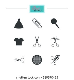 Tailor, sewing and embroidery icons. Scissors, safety pin and needle signs. Shirt and dress symbols. Black flat icons. Classic design. Vector