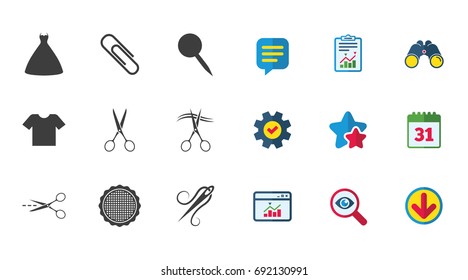Tailor, sewing and embroidery icons. Scissors, safety pin and needle signs. Shirt and dress symbols. Calendar, Report and Download signs. Stars, Service and Search icons. Vector