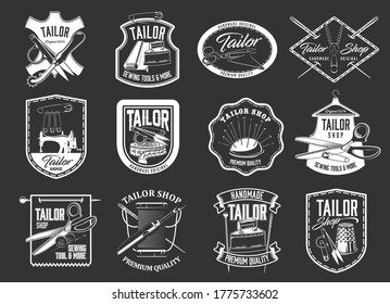 Tailor sewing icons, atelier and dressmaker shop vector labels. Tailor sewing machine, thread spool and needle pillow, retro iron, scissors, leather label, tailoring wheel and thimble